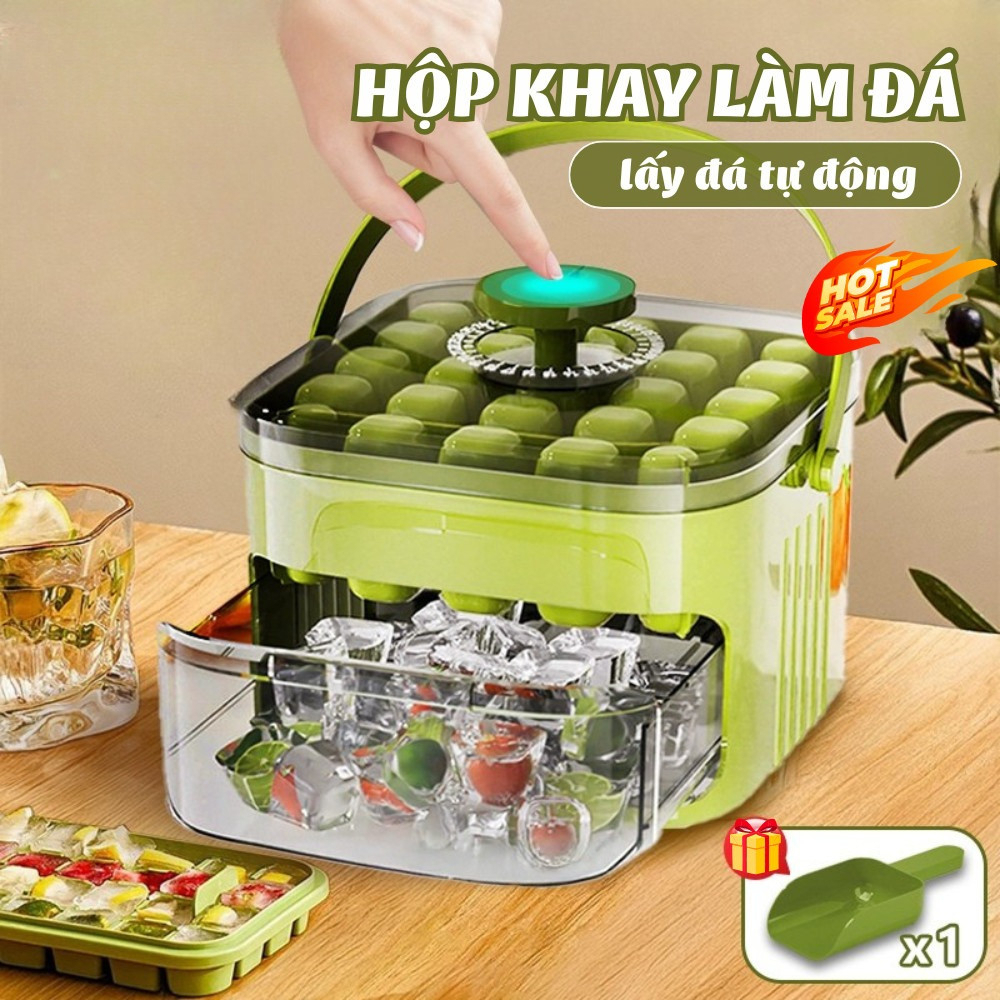 Hộp Làm Đá Viên Thông Minh Nắp Nhấn Tự Động, Khay Làm Đá Nắp Đậy Kín Có Tay Cầm Tiện Dụng
