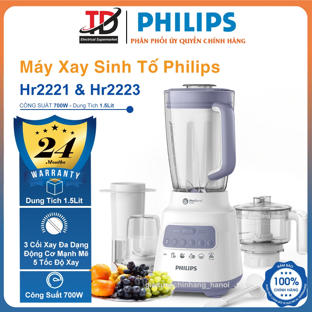 Máy Xay Sinh Tố Philips Hr2223 / Hr2221, Công Suất 700W - 5 Tốc Độ Xay, Đa Dạng Cối, Hàng Chính Hãng