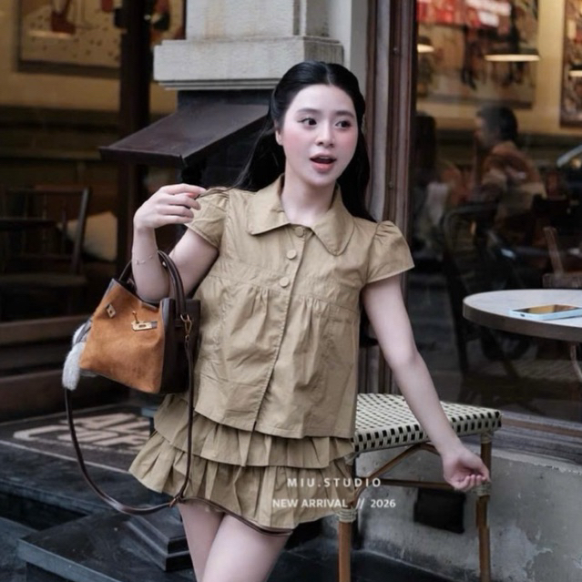 Set Áo babydoll cổ đức tay ngắn phối chân váy ngắn xếp tầng style HQ trẻ trung mặc đi chơi, cafe sang chảnh