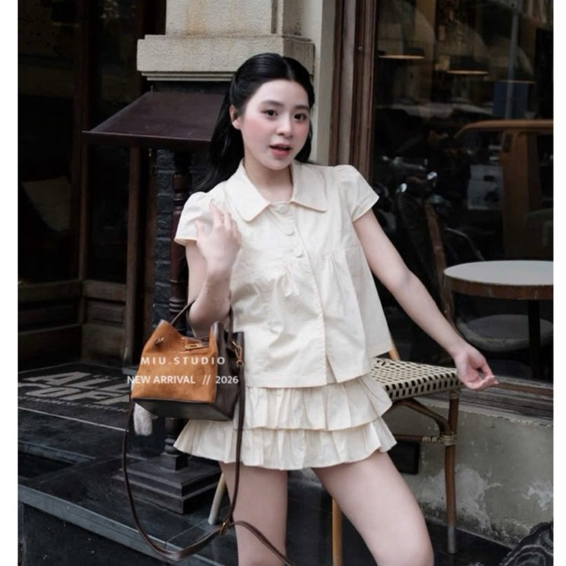 Set Áo babydoll cổ đức tay ngắn phối chân váy ngắn xếp tầng style HQ trẻ trung mặc đi chơi, cafe sang chảnh