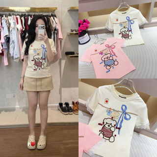 Áo phông cotton cổ tròn cộc tay thêu hình gấu tay ren form babytee #M20652