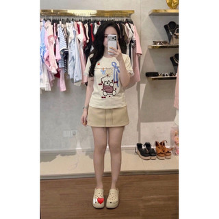 Áo phông cotton cổ tròn cộc tay thêu hình gấu tay ren form babytee #M20652