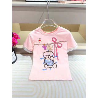 Áo phông cotton cổ tròn cộc tay thêu hình gấu tay ren form babytee #M20652