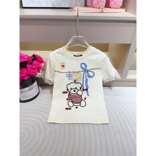 Áo phông cotton cổ tròn cộc tay thêu hình gấu tay ren form babytee #M20652