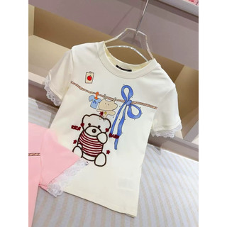 Áo phông cotton cổ tròn cộc tay thêu hình gấu tay ren form babytee #M20652