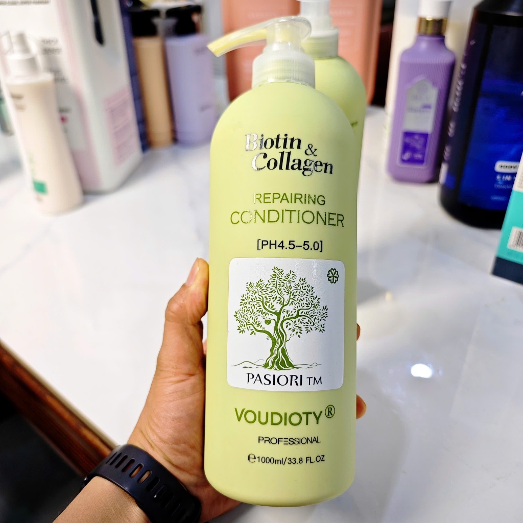 Cặp Dầu Gội Xả Biotin & Collagen Voudioty 1000ml x2 - Kiềm Dầu, Phục Hồi Tóc Hư Tổn (Xanh Lá)