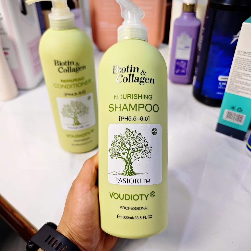 Cặp Dầu Gội Xả Biotin & Collagen Voudioty 1000ml x2 - Kiềm Dầu, Phục Hồi Tóc Hư Tổn (Xanh Lá)