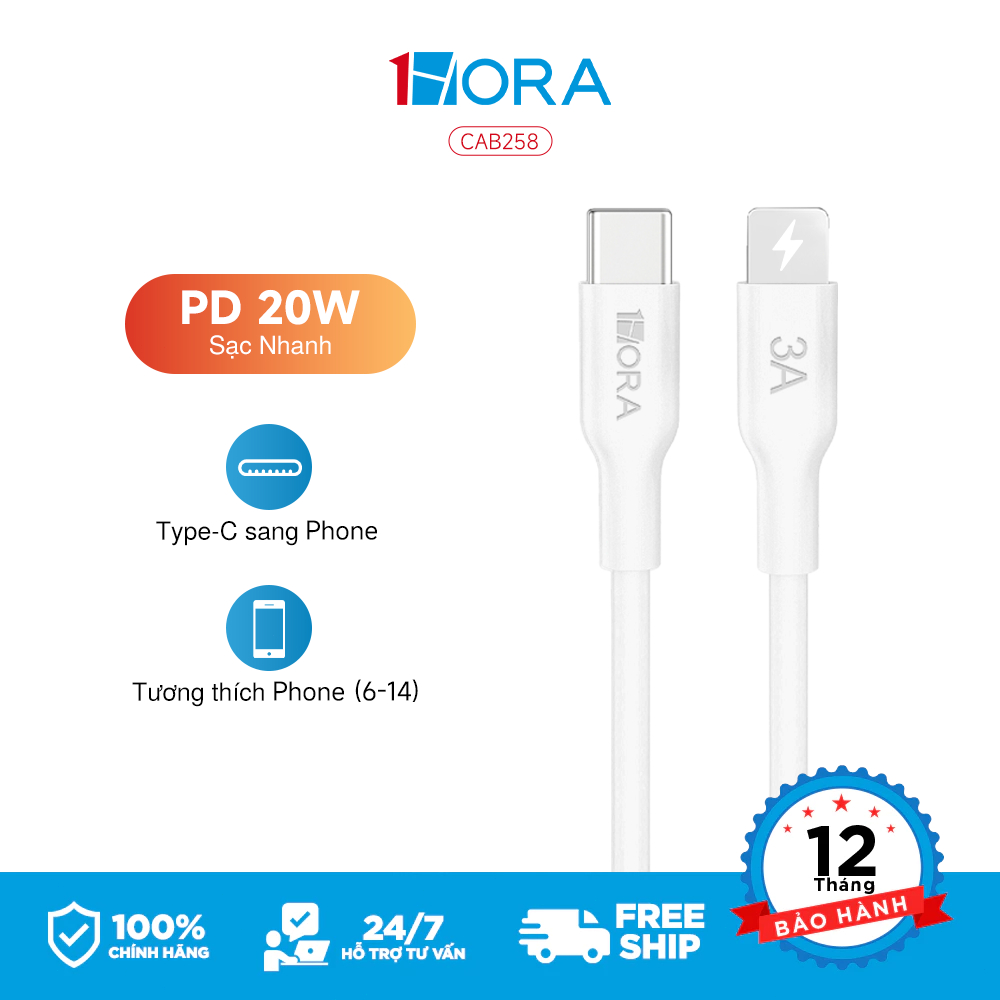 1HORA Dây cáp sạc nhanh PD 20W Type C to Phone thích hợp cho Phone 11, 12, 13, 14 PM Silicone cao cấp