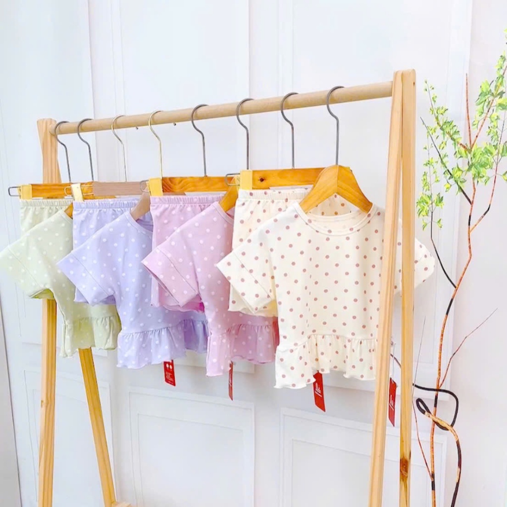 Bộ đùi bé gái chấm bi Lá Homewear LC02, đồ bộ cộc tay bé gái vải Lyocell Cotton phối bèo dễ thương