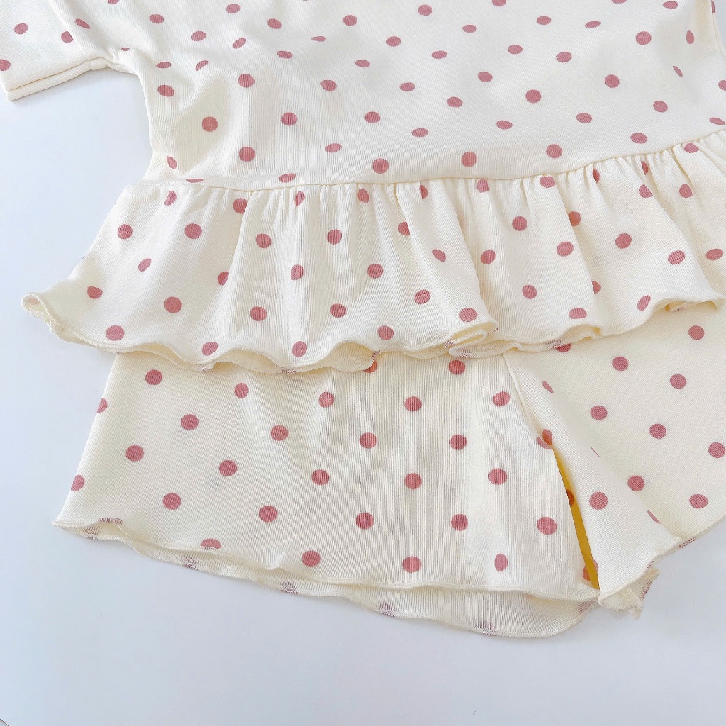 Bộ đùi bé gái chấm bi Lá Homewear LC02, đồ bộ cộc tay bé gái vải Lyocell Cotton phối bèo dễ thương