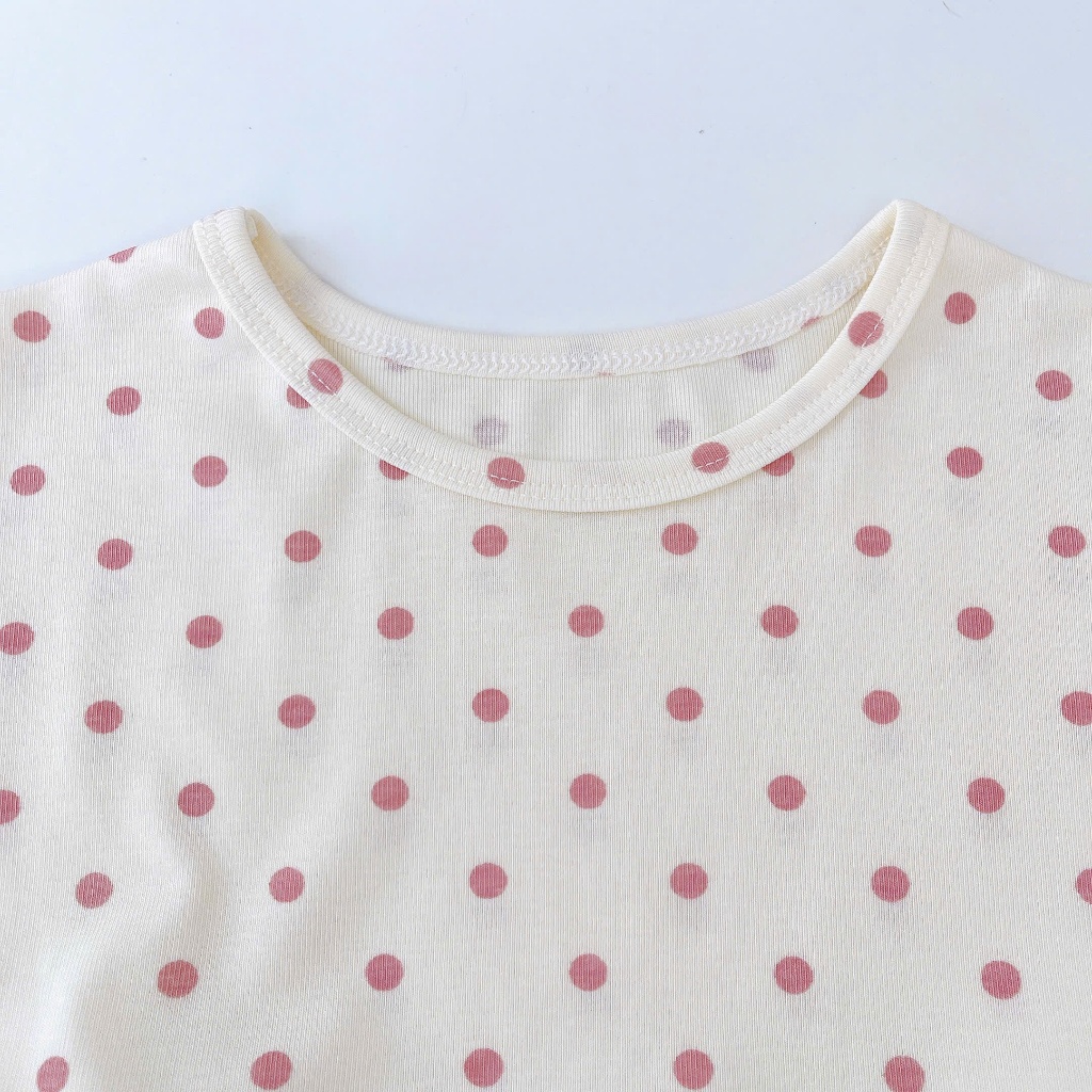 Bộ đùi bé gái chấm bi Lá Homewear LC02, đồ bộ cộc tay bé gái vải Lyocell Cotton phối bèo dễ thương