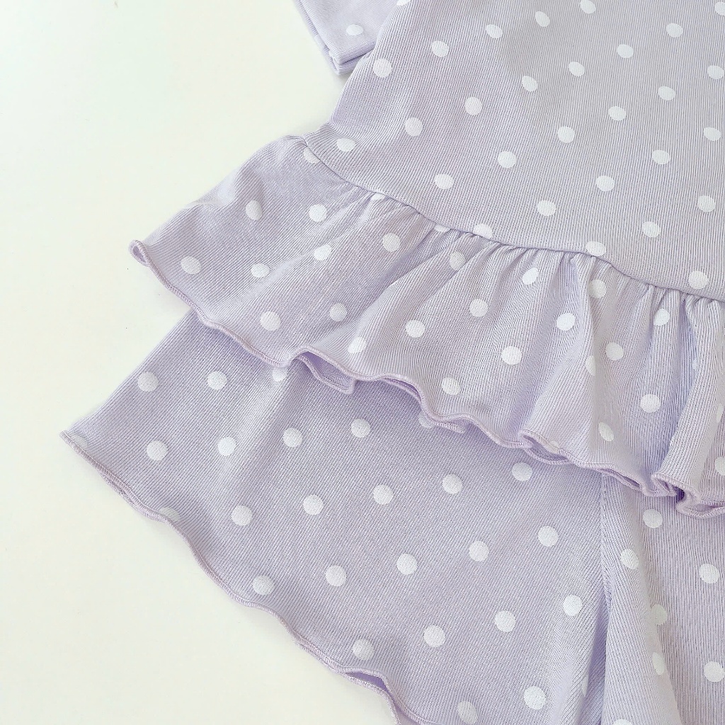 Bộ đùi bé gái chấm bi Lá Homewear LC02, đồ bộ cộc tay bé gái vải Lyocell Cotton phối bèo dễ thương
