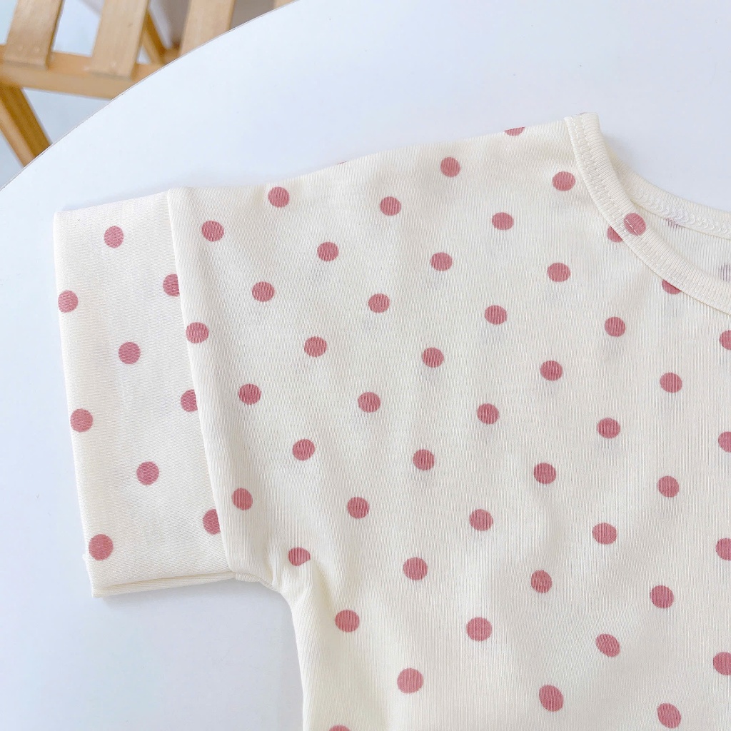 Bộ đùi bé gái chấm bi Lá Homewear LC02, đồ bộ cộc tay bé gái vải Lyocell Cotton phối bèo dễ thương