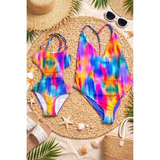 Bikini liền thân,bộ đồ bơi đi biển cho mẹ và bé họa tiết loang màu nổi bật hàng xuất dư cao cấp