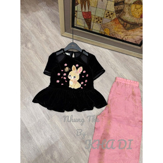 Sét áo nhung the cộc tay cut vai thêu thỏ điểm cườm +quần xuông lụa
