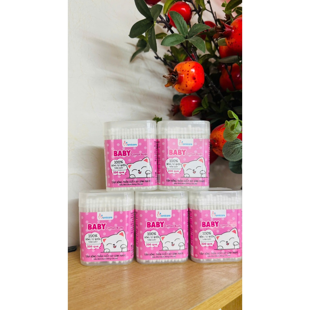 [Mami] Combo 5 Hộp Tăm Bông Sơ Sinh Thân Giấy bông cotton Tự Nhiên 200 que/hộp