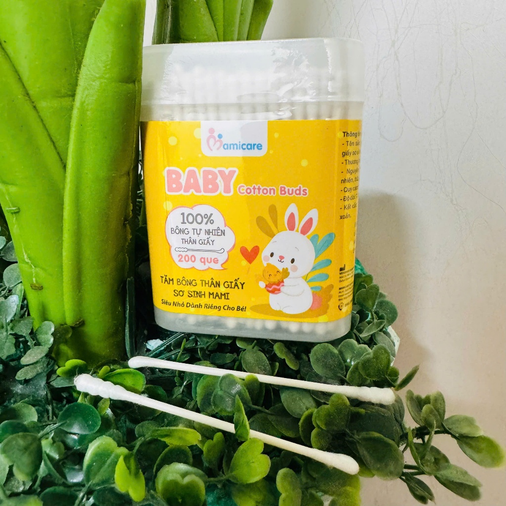 [Mami] Combo 5 Hộp Tăm Bông Sơ Sinh Thân Giấy bông cotton Tự Nhiên 200 que/hộp