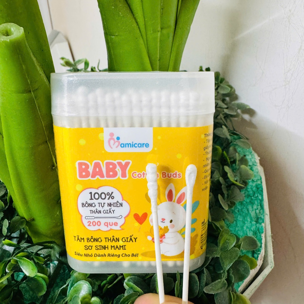 [Mami] Combo 5 Hộp Tăm Bông Sơ Sinh Thân Giấy bông cotton Tự Nhiên 200 que/hộp