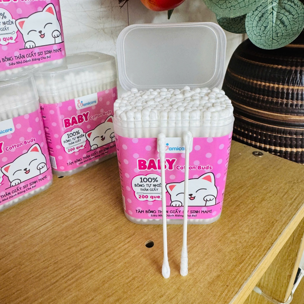 [Mami] Combo 5 Hộp Tăm Bông Sơ Sinh Thân Giấy bông cotton Tự Nhiên 200 que/hộp