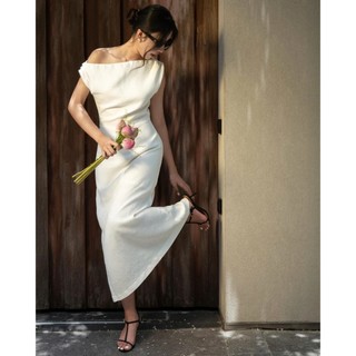 Đầm Linen trễ vai, váy dài - Đ08