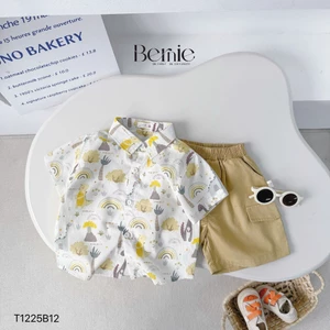 Bộ sơ mi in tràn hoạ tiết khủng long cho bé, bộ sơ mi cộc phối quần kaki bé trai