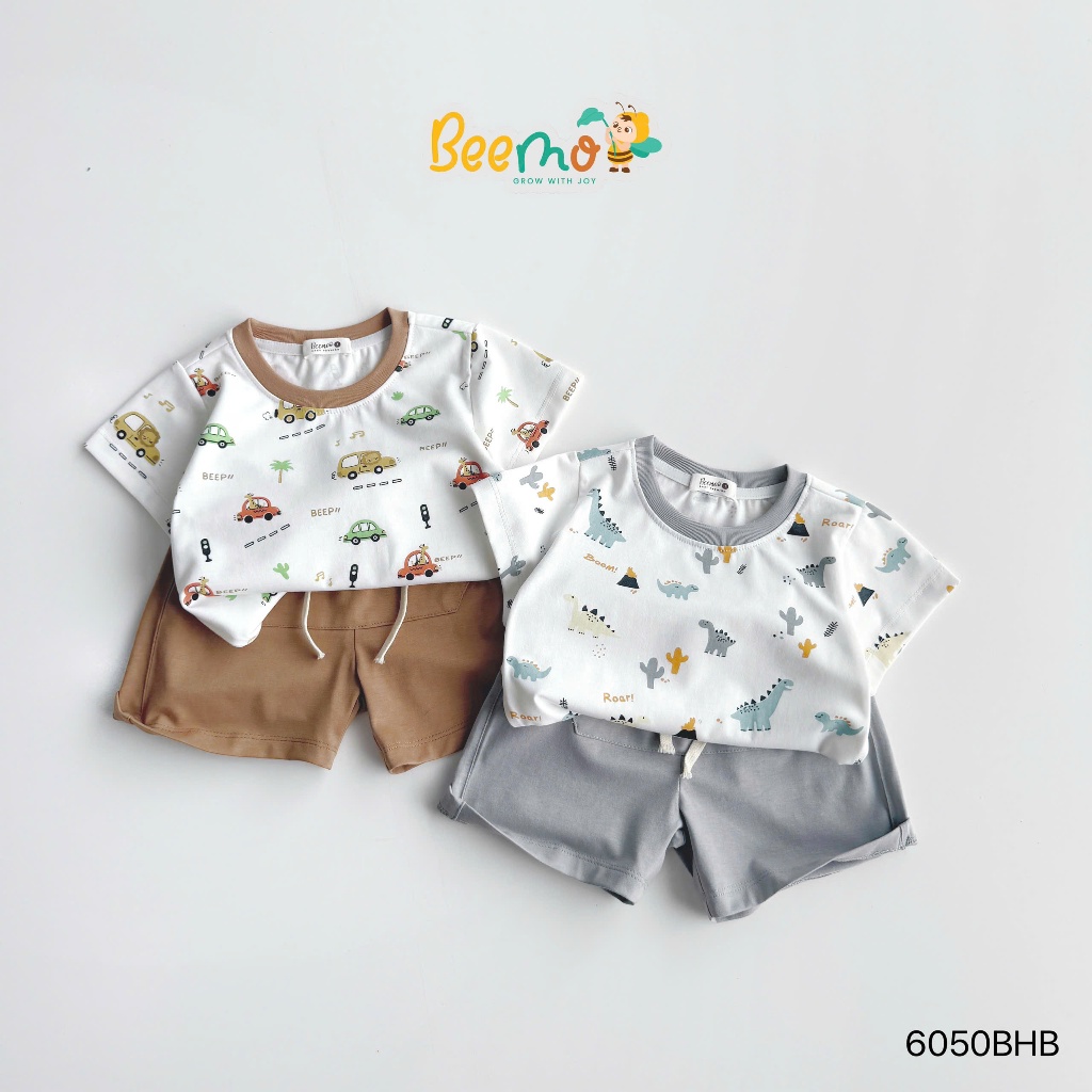 Bộ cotton cộc tay in tràn hoạ tiết ô tô, bộ thun co dãn mềm mát cho bé trai