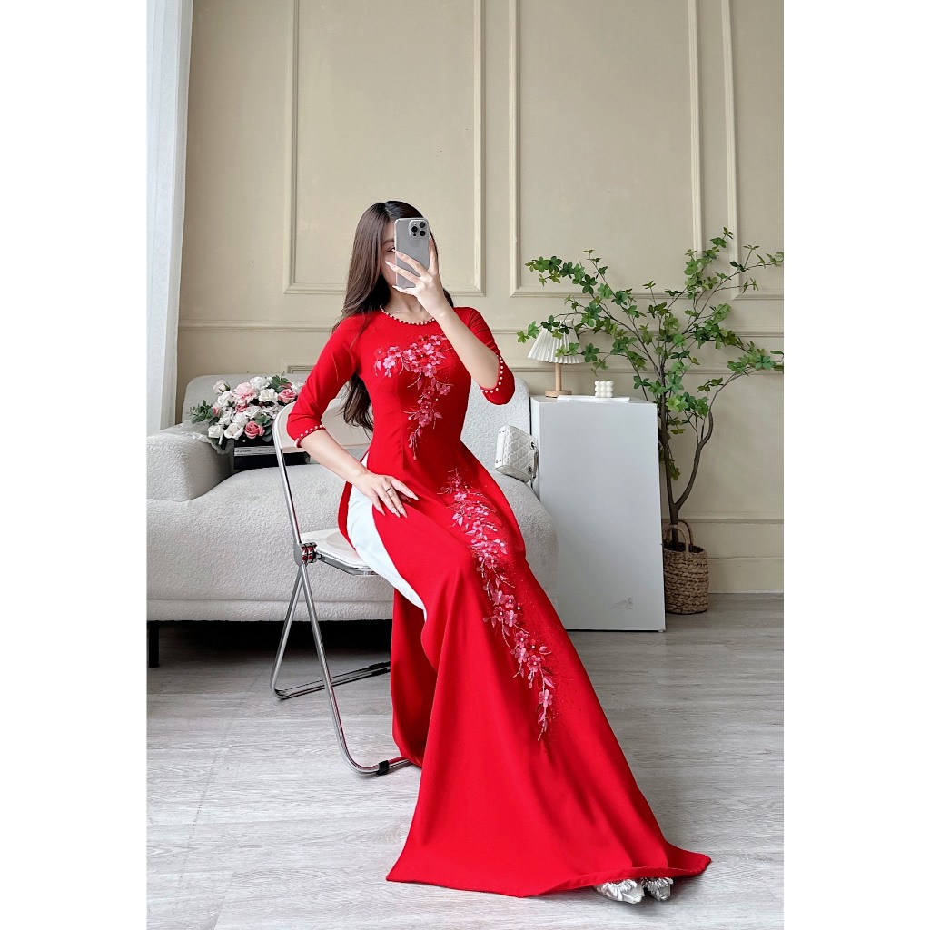 Áo Dài Lụa Mỹ Cao Cấp Họa Tiết Thêu + Đính Kết Đá Thủ Công Tỉ Mỉ - Mã C36