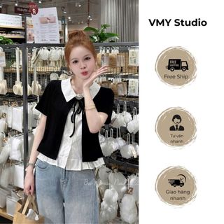 VMY Studio - Áo thun kiểu nữ phối cổ dây nơ viền bèo dáng xòe cộc tay tiểu thư nữ