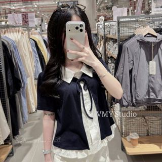 VMY Studio - Áo thun kiểu nữ phối cổ dây nơ viền bèo dáng xòe cộc tay tiểu thư nữ