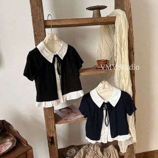 VMY Studio - Áo thun kiểu nữ phối cổ dây nơ viền bèo dáng xòe cộc tay tiểu thư nữ