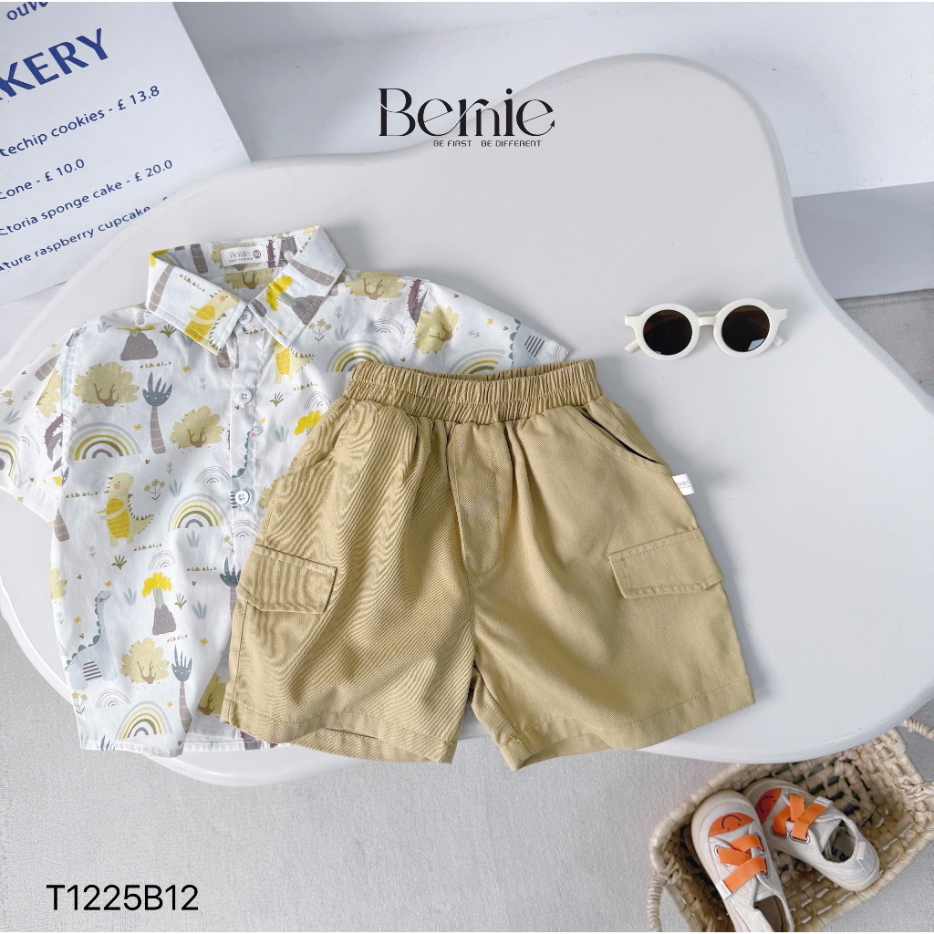 Bộ sơ mi in tràn hoạ tiết khủng long cho bé, bộ sơ mi cộc phối quần kaki bé trai
