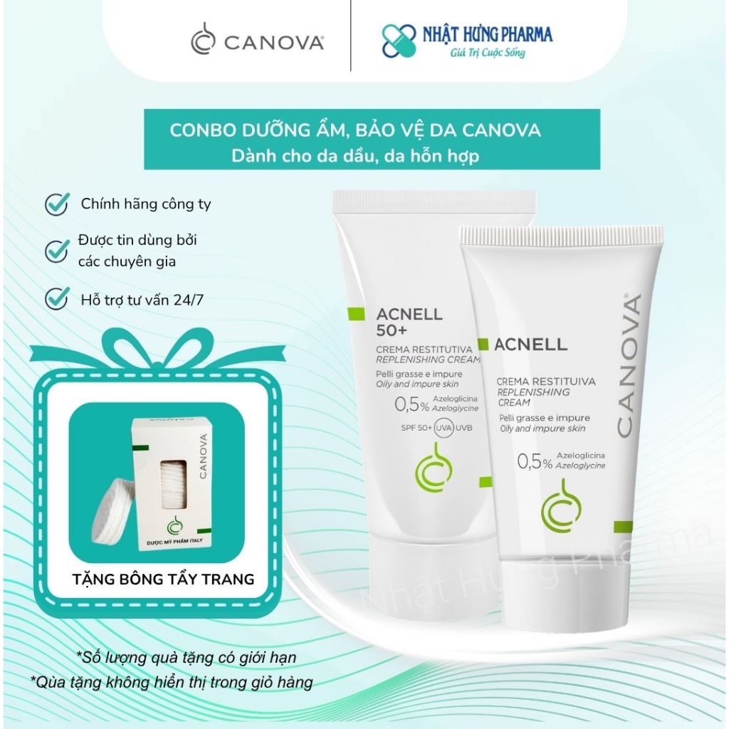 COMBO dưỡng ẩm, giảm mụn CANOVA Acnell và kem chống nắng Acnell 50+ cho ...