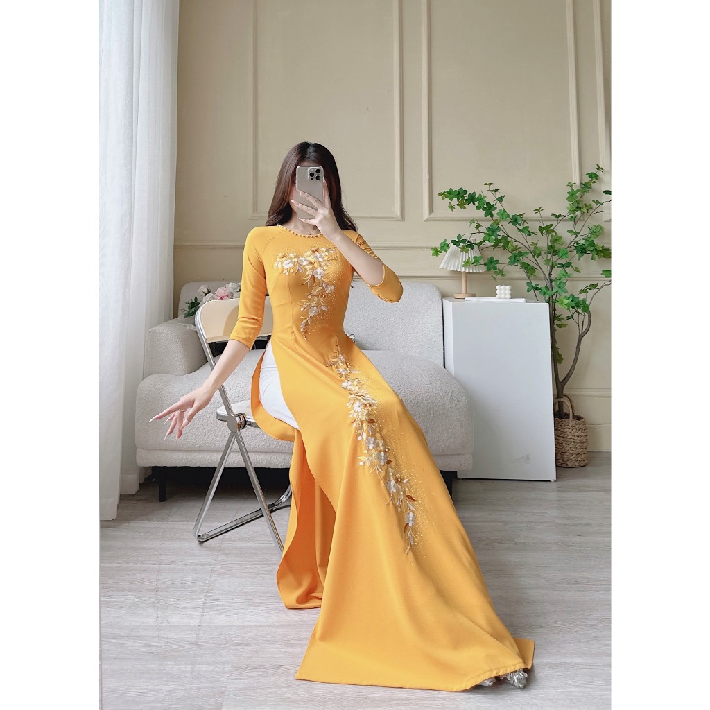 Áo Dài Lụa Mỹ Cao Cấp Họa Tiết Thêu + Đính Kết Đá Thủ Công Tỉ Mỉ - Mã C34