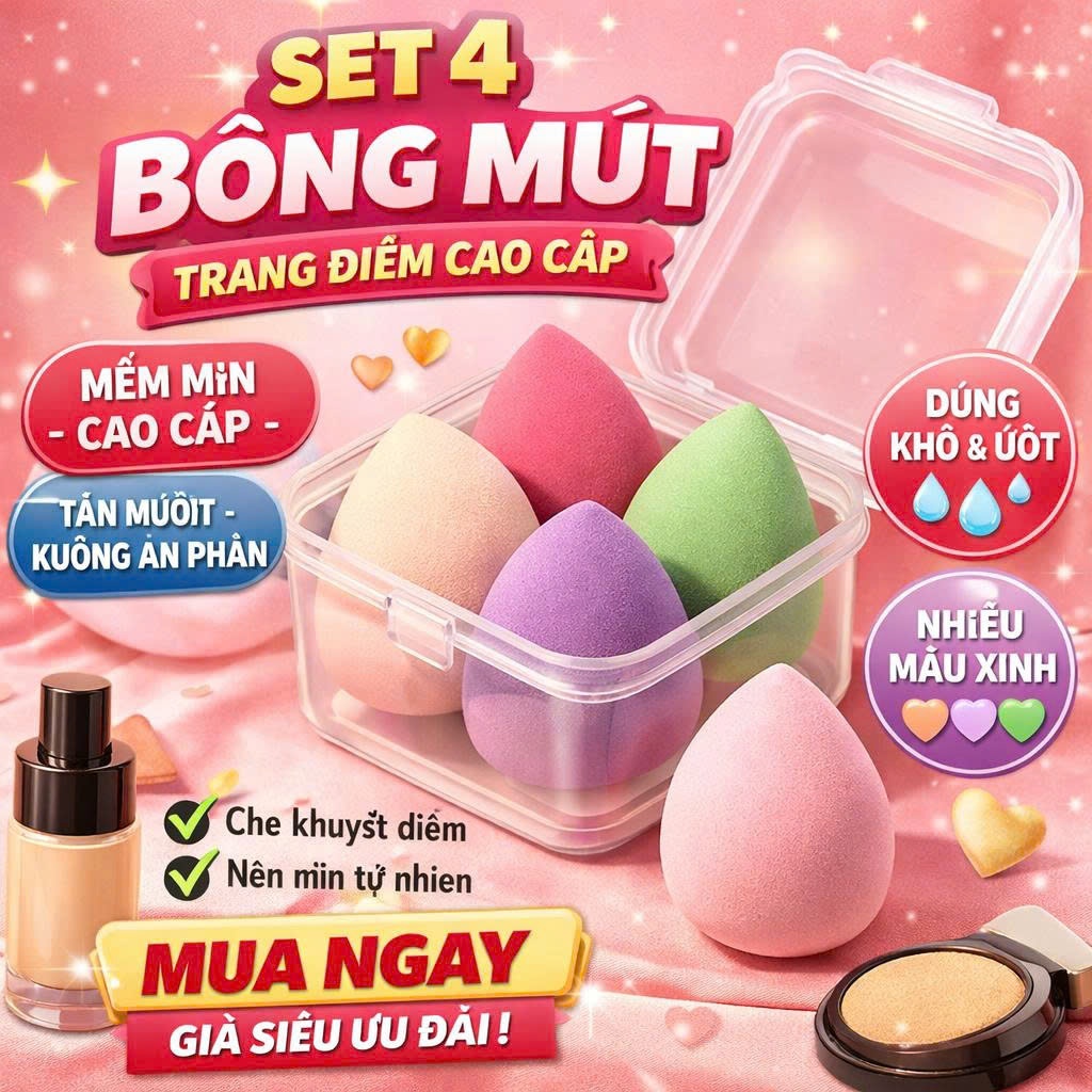 Hộp 4 bông phấn trang điểm, combo 4 mút tán kem nền tiện lợi