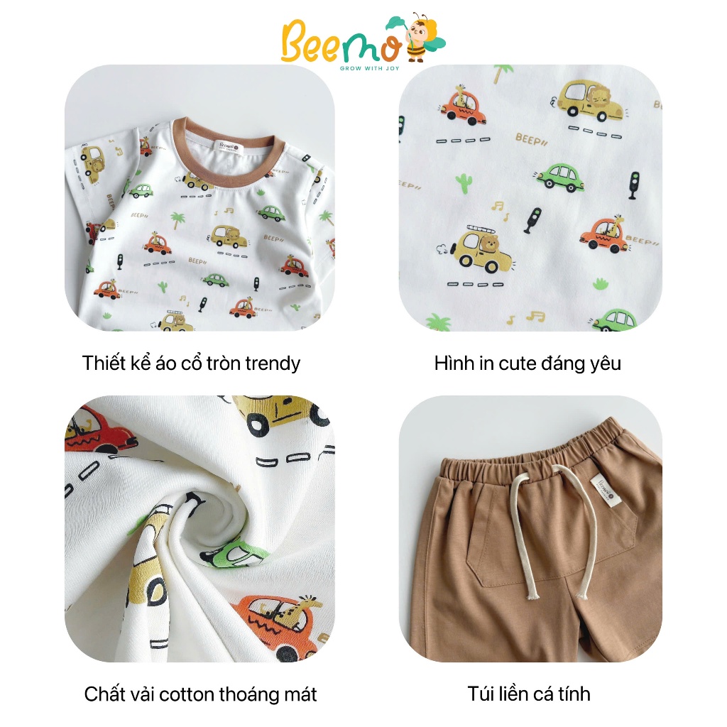 Bộ cotton cộc tay in tràn hoạ tiết ô tô, bộ thun co dãn mềm mát cho bé trai