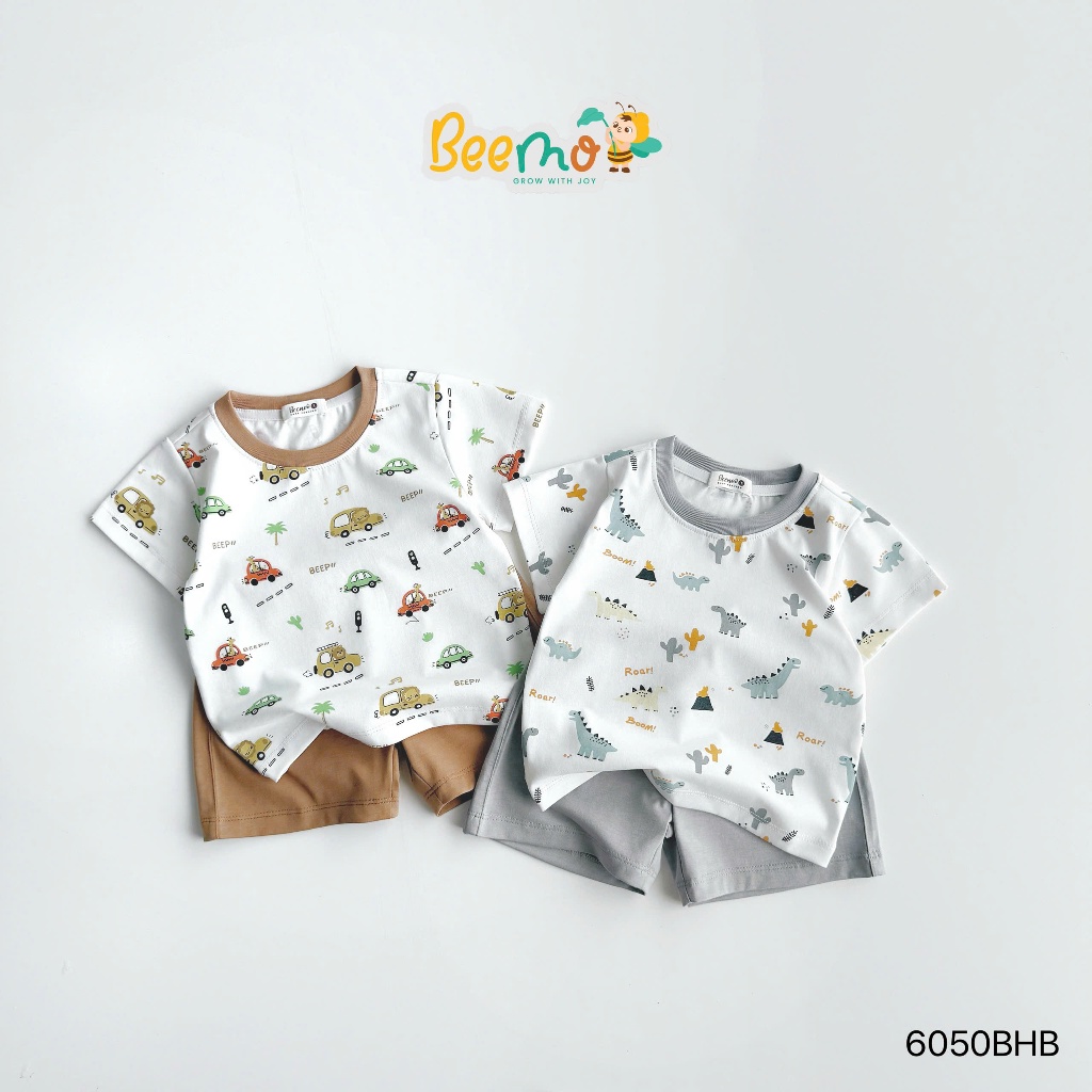 Bộ cotton cộc tay in tràn hoạ tiết ô tô, bộ thun co dãn mềm mát cho bé trai