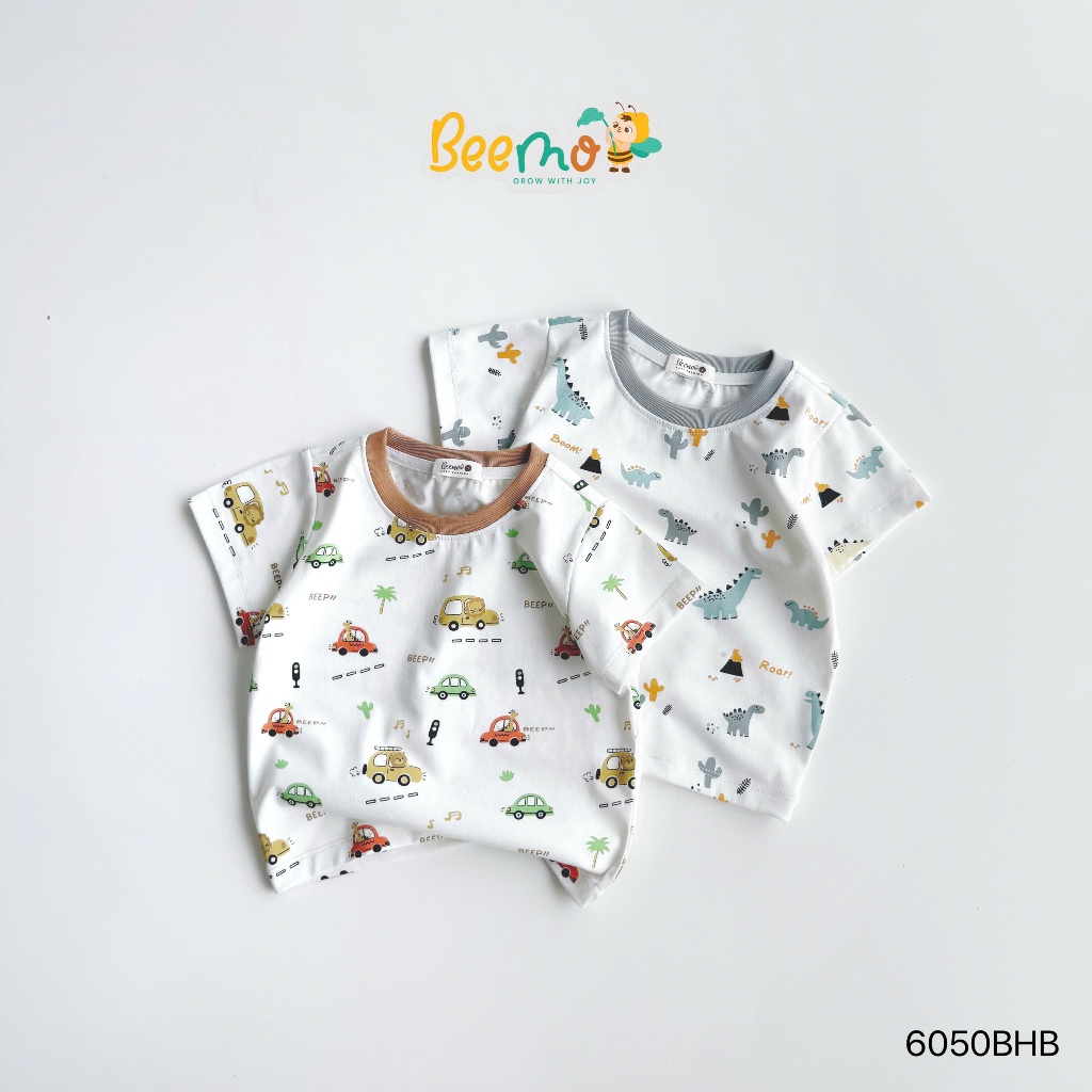 Bộ cotton cộc tay in tràn hoạ tiết ô tô, bộ thun co dãn mềm mát cho bé trai