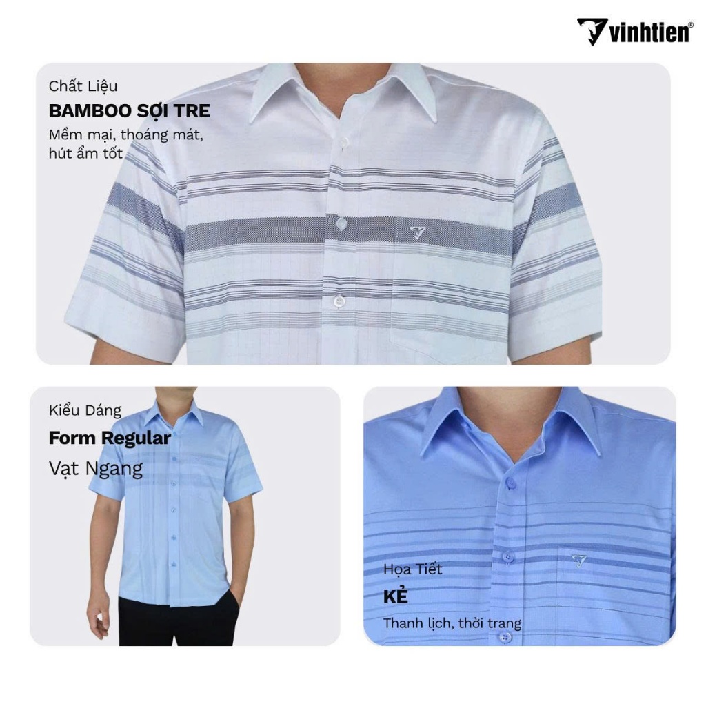 Áo Sơ Mi Nam Ngắn Tay Caro Vải Bamboo  Vạt Ngang Form Regular Vĩnh Tiến 445 - Giỏ 3