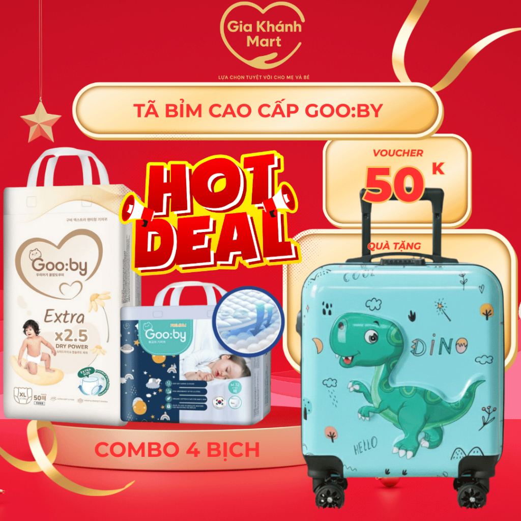 [Tặng vali cho bé] Combo 4 bịch Tã/bỉm ngày đêm Gooby mềm mại, siêu thấm hút size Nb/S/M/L/XL/XXbịch