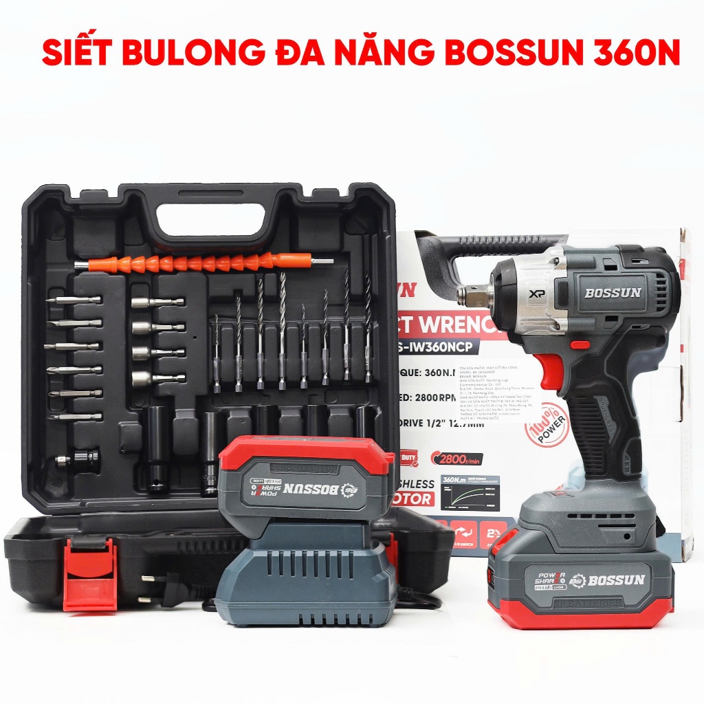 Máy Siết Bulong Pin BOSSUN BS-IW360NCP 21V – Động Cơ Brushless, Lực Siết 360Nm, 3 Cấp Tốc Độ, Kèm 26 Phụ Kiện