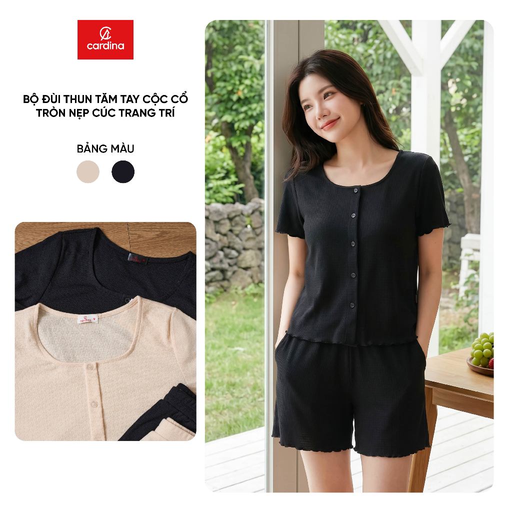 Bộ đồ mặc nhà nữ CARDINA chất liệu thun dệt áo cộc cổ tròn nẹp cúc trang trí và quần đùi 6BFN07