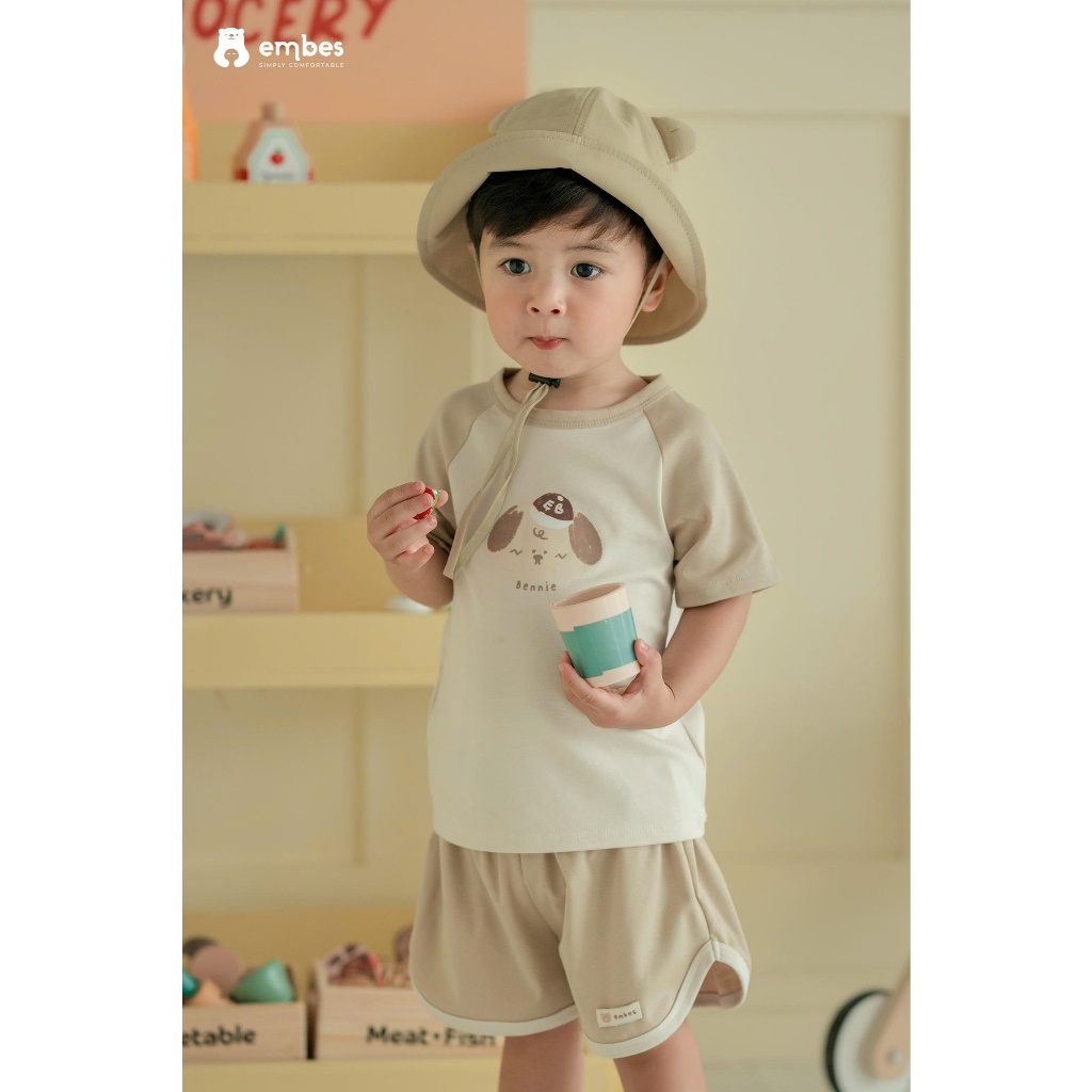 Bộ Cộc Tay Cho Bé Embes, Bộ Cộc Tay In Họa Tiết Chất Cotton Mềm Mát Cho Bé Trai Bé Gái Từ 8-18Kg