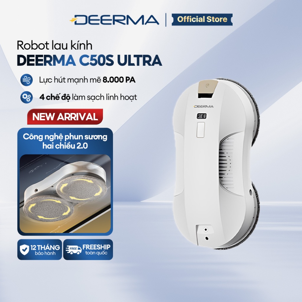 Robot lau kính Deerma C50s Ultra màu trắng với lực hút mạnh mẽ 8000Pa, chống rơi an toàn - Bảo hành 12 tháng