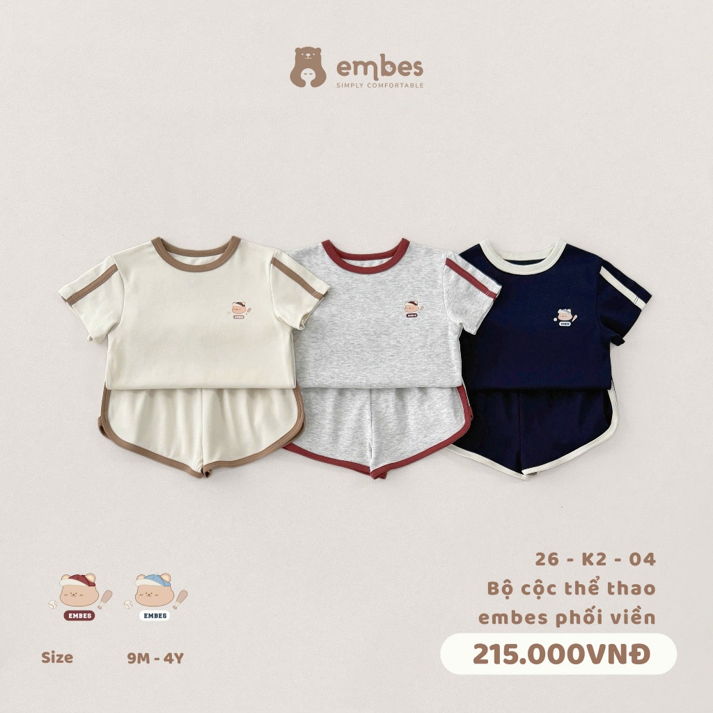 Bộ Cộc Cho Bé Embes, Bộ Cộc Tay Thể Thao Phối Viền Chất Cotton Mát Cho Bé Trai Bé Gái Size Từ 8-17Kg
