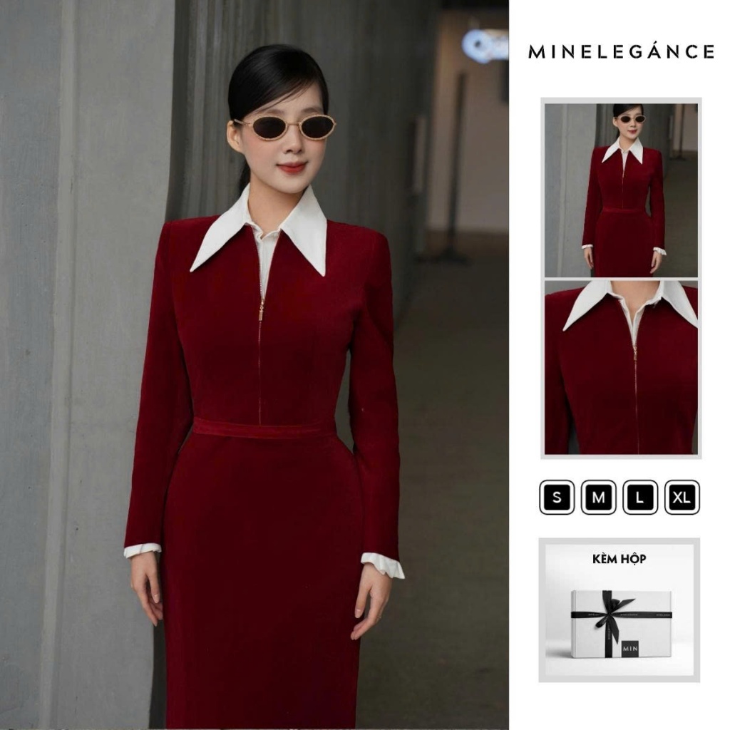 MINELEGÁNCE- ĐẦM PHỐI CỔ SƠ MI DÁNG DÀI THANH LỊCH, SANG TRỌNG - MIN991