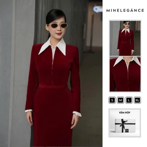 MINELEGÁNCE- ĐẦM PHỐI CỔ SƠ MI DÁNG DÀI THANH LỊCH, SANG TRỌNG - MIN991