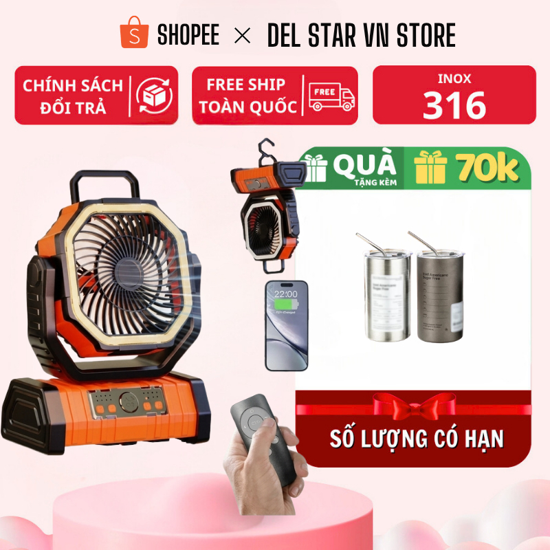 Quạt tích điện F6 kết hợp đèn chiếu sáng, dung lượng pin 20000mAh sạc điện thoại USB điều khiển từ xa - DCP35