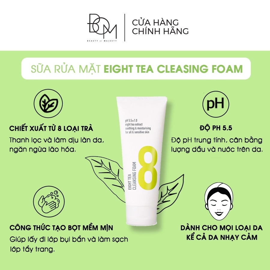 Combo Sữa Rửa Mặt 8 Loại Trà và Kem Chống Nắng Green UV SPF50+/PA++++ BOM Eight Tea 150ml & 50ml
