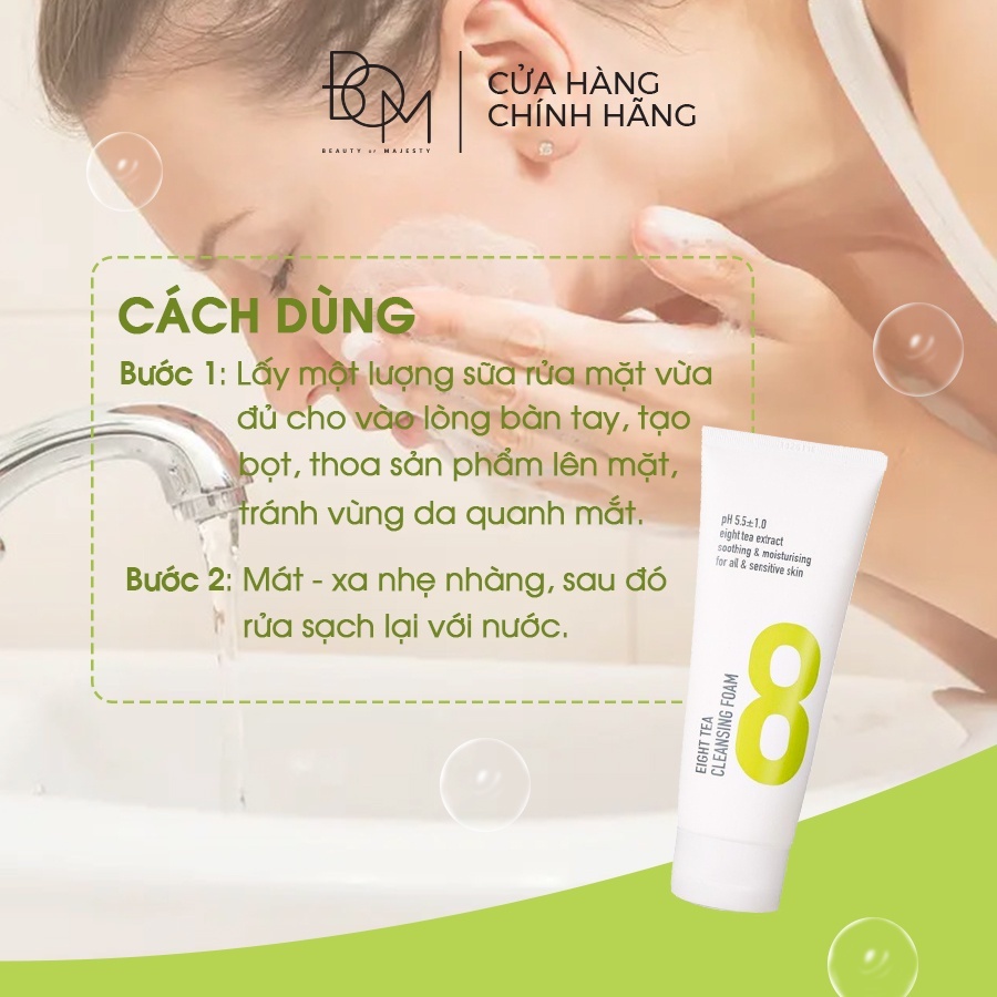 Combo Sữa Rửa Mặt Tạo Bọt Làm Sạch Da và Kem Dưỡng Cấp Ẩm 8 Loại Trà BOM Eight Tea 150ml & 50g