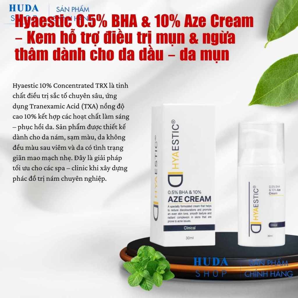 Kem dưỡng giảm mụn ngừa thâm Hyaestic 0,5% BHA & 10% Aze Cream 30ml
